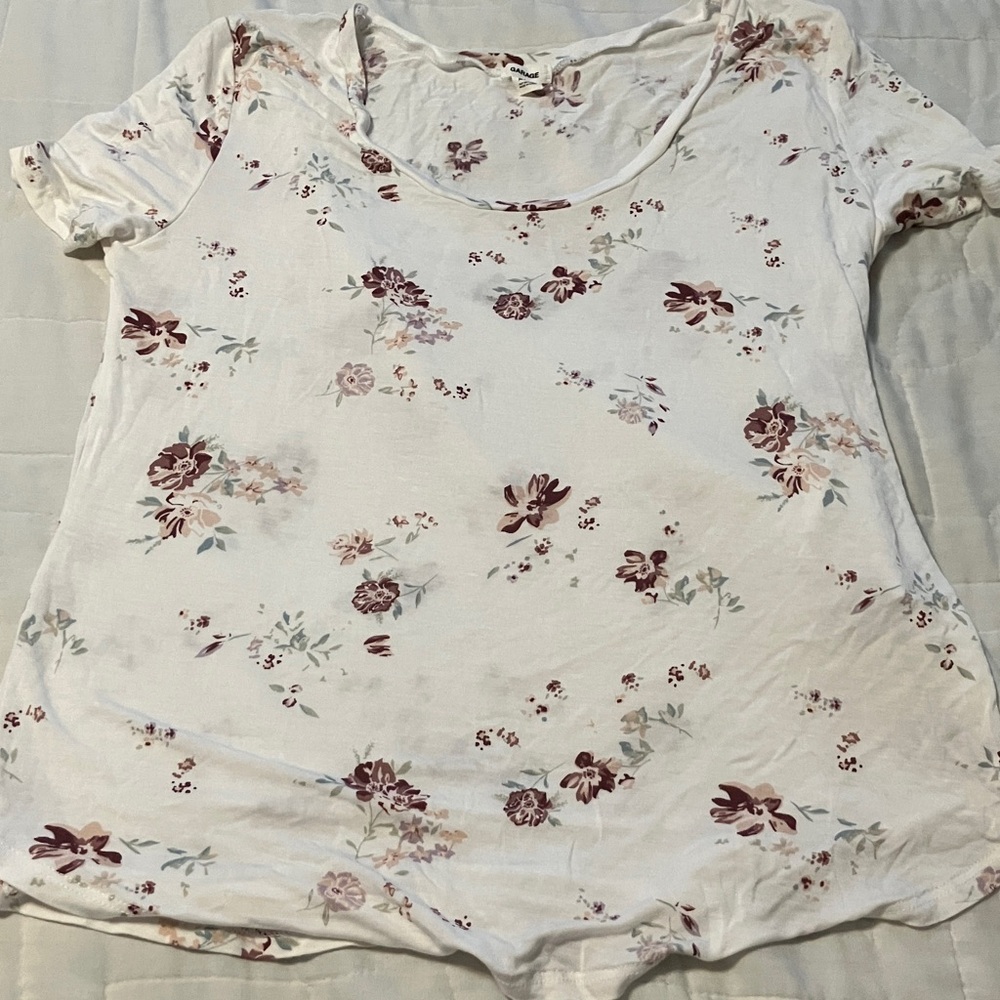 Garage White and Burgundy Floral Short Sleeve Top